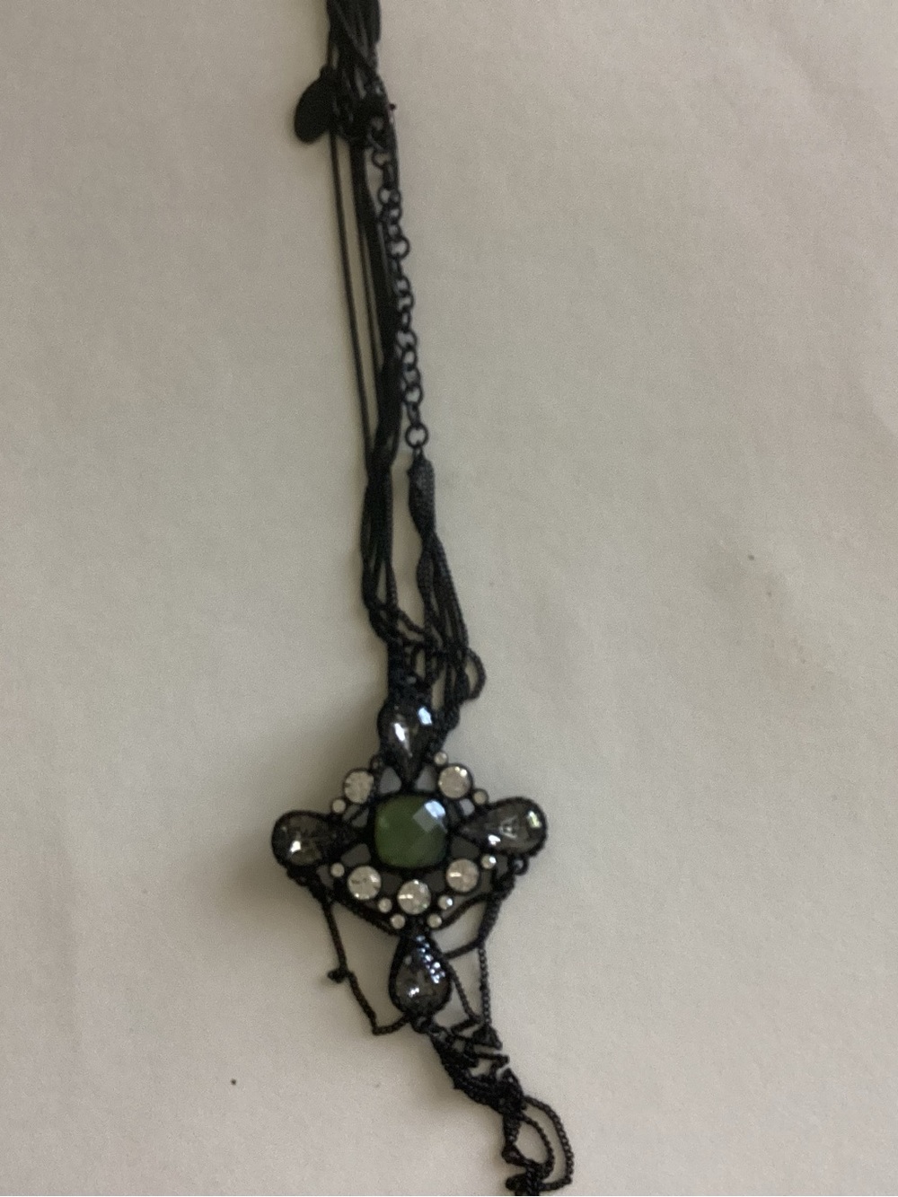 Black Beaded Necklace with Green Center Stone